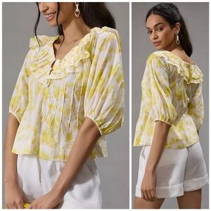 Anthro Maeve Yellow Floral Scalloped Ruffle Top, L